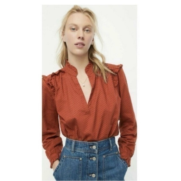 J.Crew Swiss Dot Long Sleeve Ruffled Trim Popover Burnt Orange